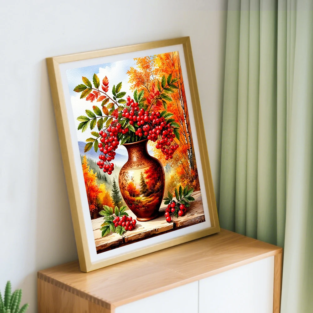 Flower Cross Stitch New DIY 11CT Cotton Thread Printed Red Rowan Berry Branches Vase Embroidery Kits Home Decoration view 3