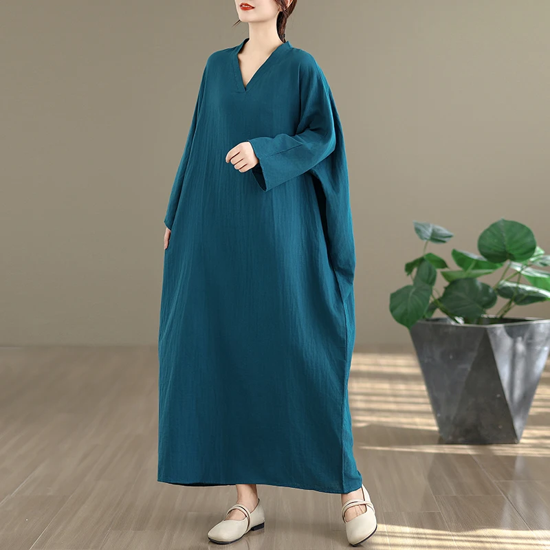 Vestido Longo Retro de Aodão e Linho com Estampa Floral em Cores Sólidas para Viagem, Estilo de Férias, Decote em V, Disfar...