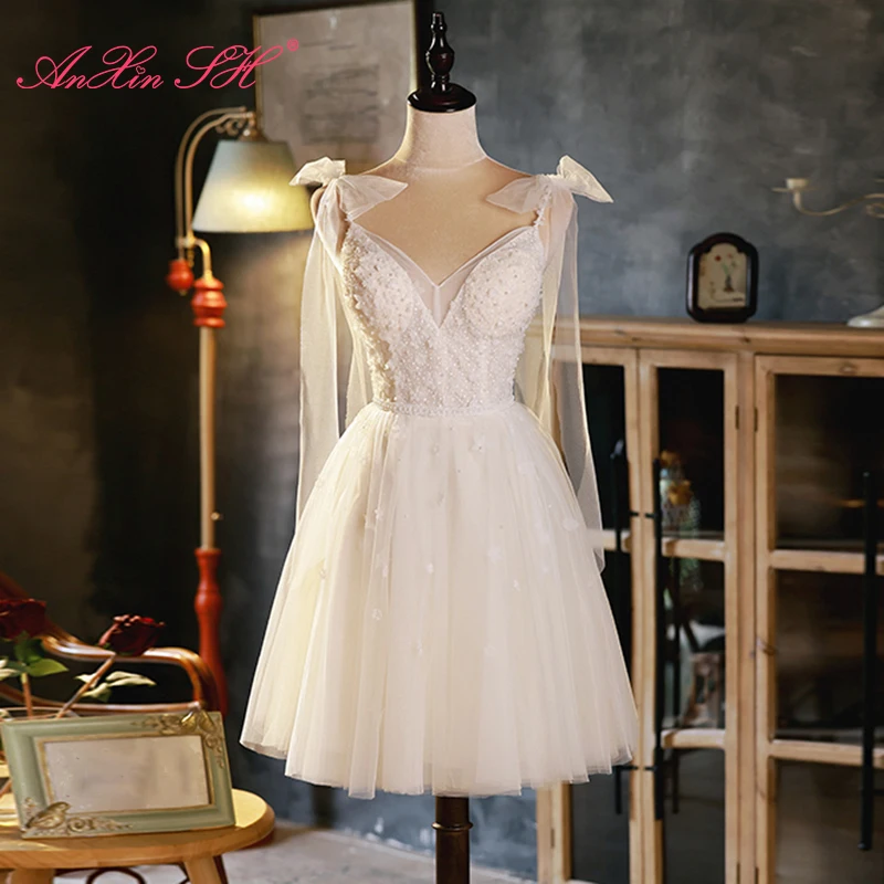 AnXin SH princess white lace big bow party bride spaghetti strap v neck beading pear short evening dress little white dress