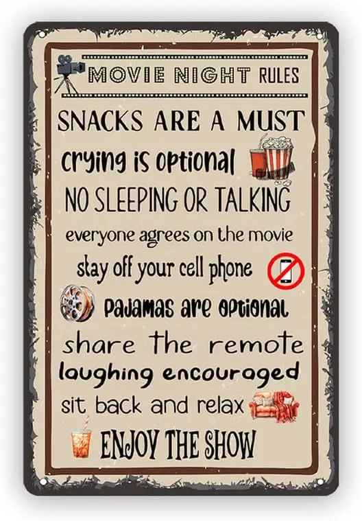 Movin Night Rules Metal Sign Retro Vintage Wall Decor for Home Room Bedroom Bar Cafes Pubs Media Movie Theatre Gaming