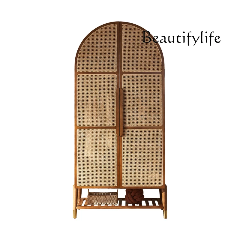 Wabi-sabi wind rattan creative wardrobe modern simple solid wood multi-functional wardrobe