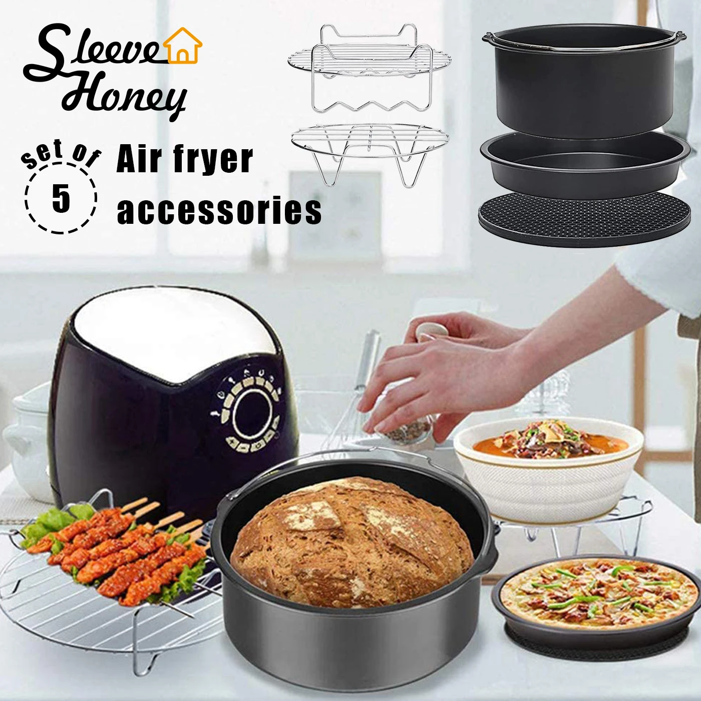 

6/7/8inch 5Pcs Air Fryer Accessories Set Baking Basket Pizza Plate Metal Holder Grill Pressure Cooker Pot Kitchen Cooking Tools