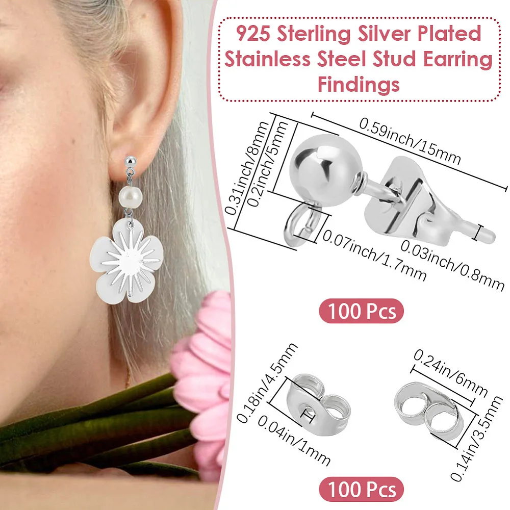 1 Box 100Pcs Ball Studs for Jewelry Making 925 Sterling Silver Plated 304 Stainless Steel Post with Loop Dangle Earring Findings
