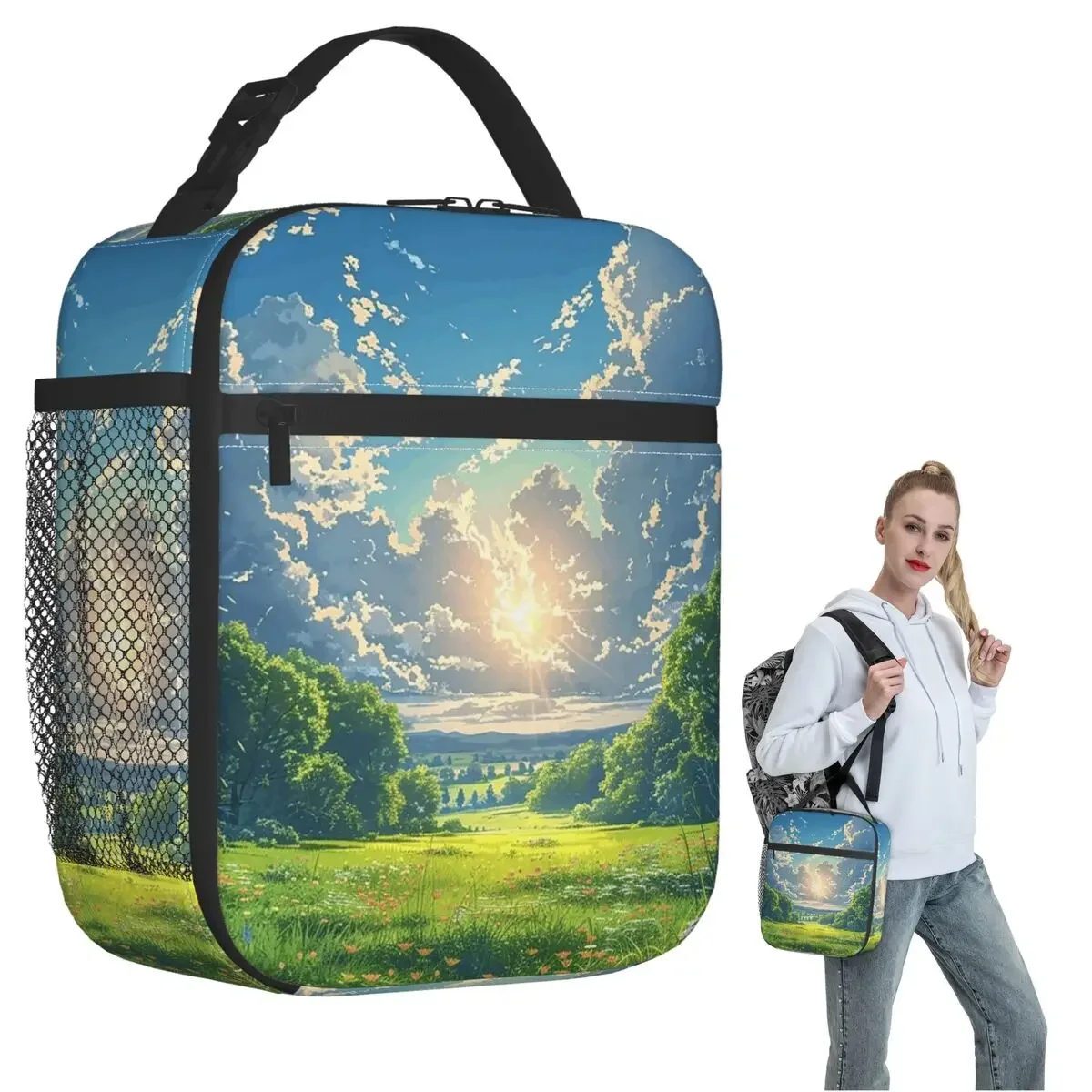 Japan Anime Green Natural Scenery Insulated Lunch Bag for Women Kids Portable Food Boxes Thermal Lunch Box Tote