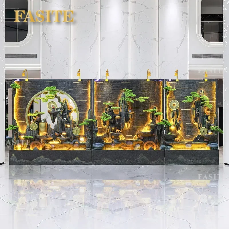 Modern Indoor Water Curtain Wall Fountain with Rockery Screen for Hotel Office Lobby Entrance Background Decor Quiet Flowing