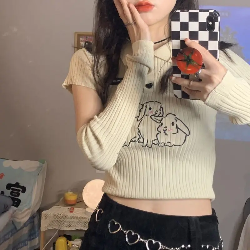 KOSAHIKI Kawaii กระต่ายพิมพ์ผู้หญิง Crop Top Y2k แฟชั่นสบายๆ Harajuku Vintage Streetwear ออกแบบ Slim Bodycon E-สาวเสื้อยืด