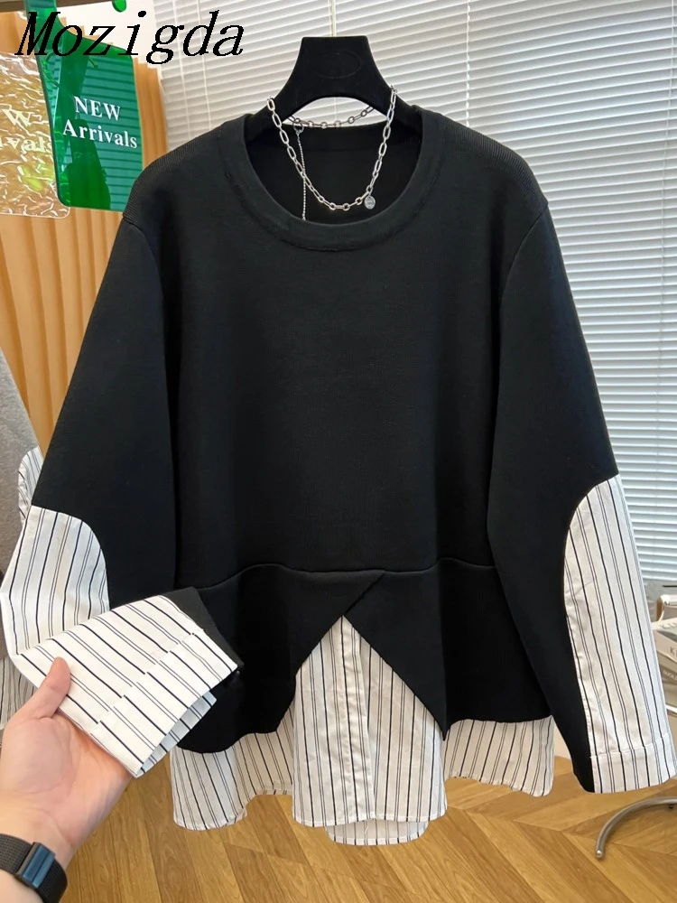 

Большие размеры, осенняя лоскутная рубашка с капюшоном, женская корейская свободная поддельная два комплекта, полосатый свитшот, женские блузки, топы, Blusas