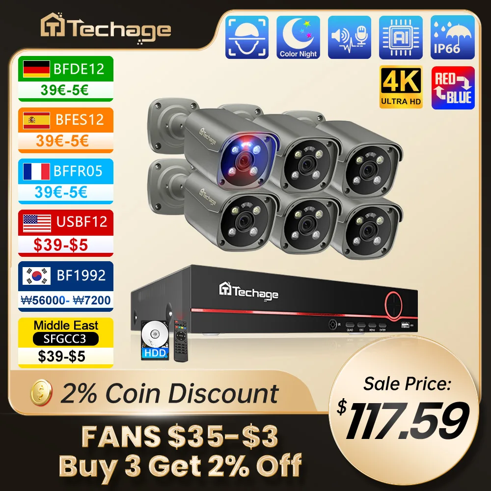 Techage ultra hd 4k poe câmera sistema de face detectada vermelho-azul luz alarme colorido noite 8mp cctv kit de vigilância de segurança de vídeo