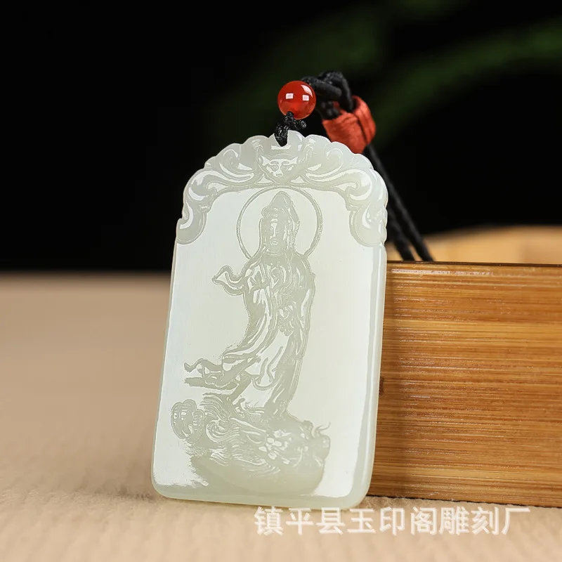 Natural Hetian , White Jade Riding Guanyin Amulet, Men'S Pendant
