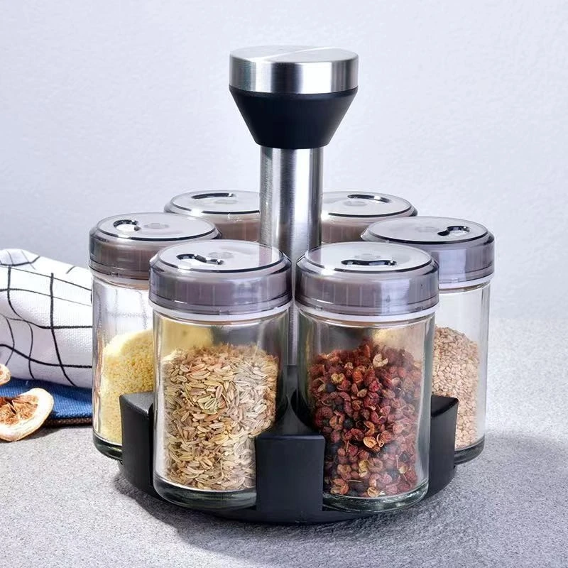 

6-Jar Revolving Spice Rack Organizer Stainless Steel, Glass, Plastic As Shown (Spices Not Included)