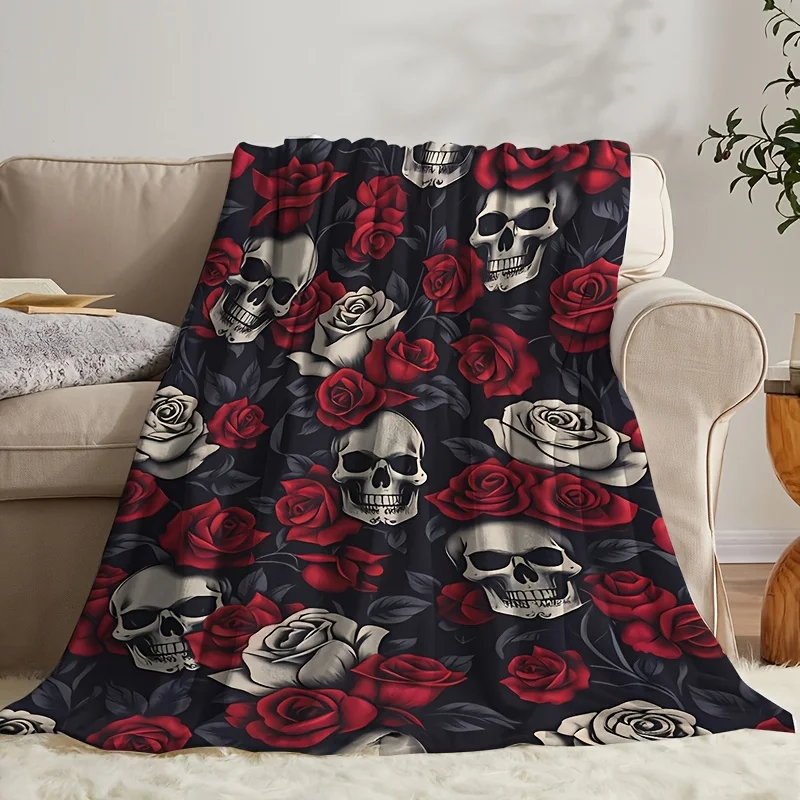 Retro Red White Rose Skull Pattern Warm Fleece Blanket, Soft Comfort Fabric for Sofa Camping Travel Bedroom Daily Coldproof Use