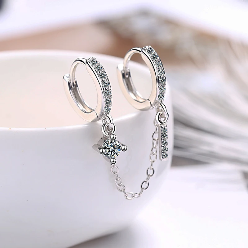 Double Ear Hole Hoop Earrings Bohemia Two Hoops Connected With Chain Crystal Stud Charming Earring Piercing Jewelry For Women