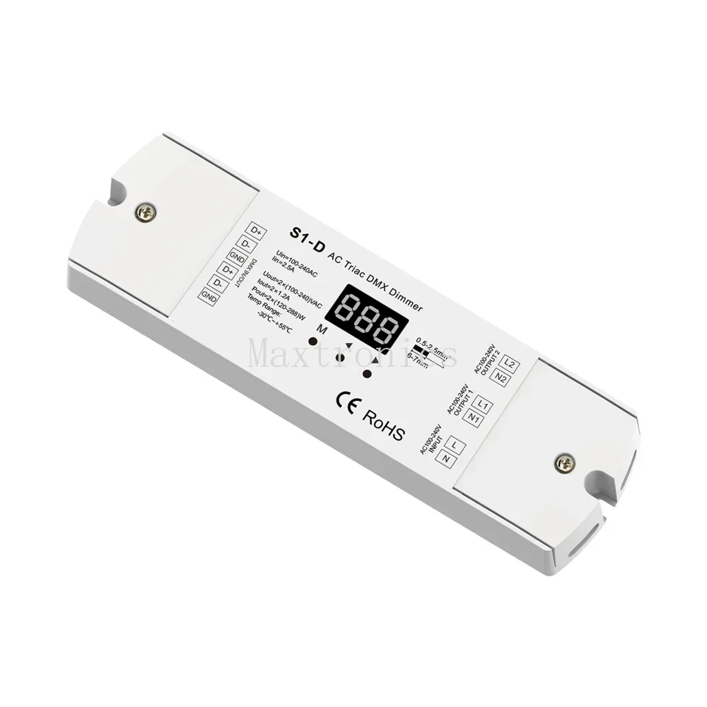 Skydance AC100V- 240V S1-D 2 Channel Triac DMX LED Dimmer 2CH Phase-cut RDM Silicon DMX 512 Controller Digital Display Dimmer