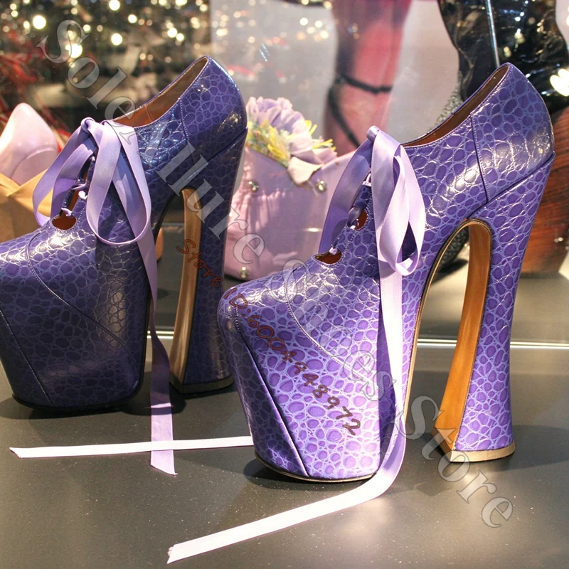 Super Elevated Gillie Platform High Heels Blue Croc Lace Up Pumps Vintage Punk Show Block Heel Dress Shoes