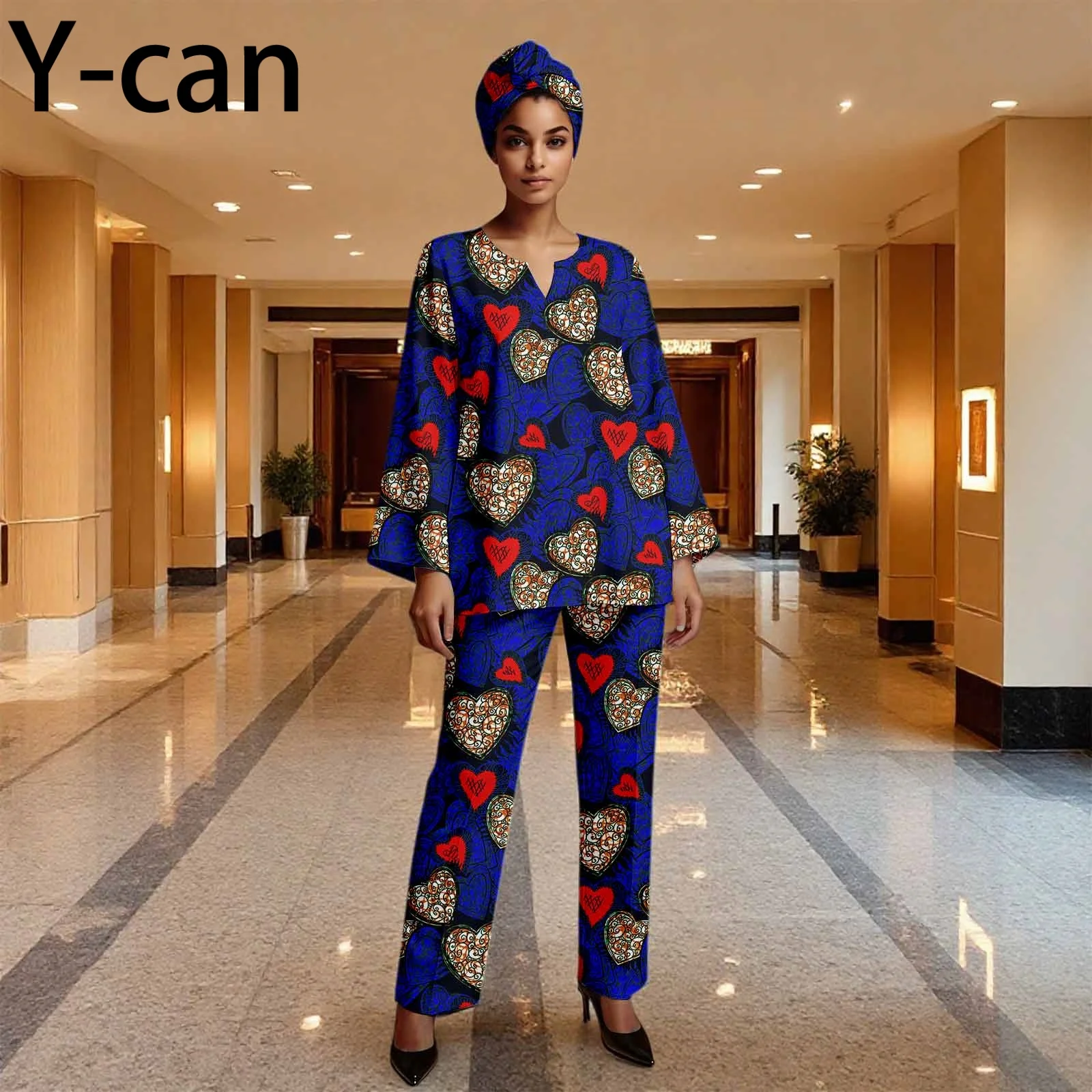 

African Church Set for Women Female V-neck Top and Full Length Pants for Elegant Lady Bazin Riche Causal Party Outfits 2626007