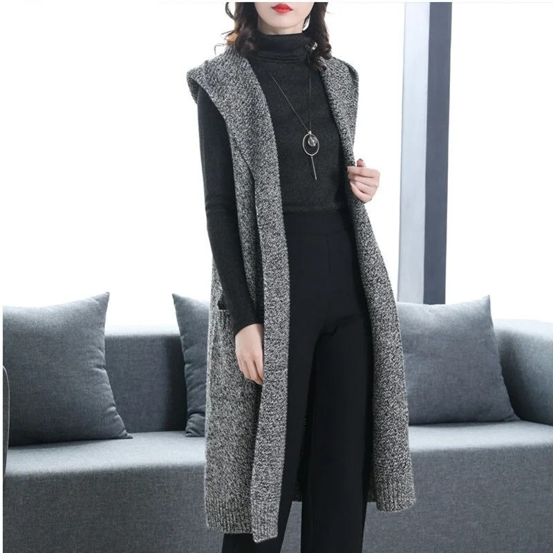 

Autumn Winter New Sweater Vest V-neck Knitted Solid Loose Soft Comfortable Sleeveless Long Cardiga Elegant Korean L336