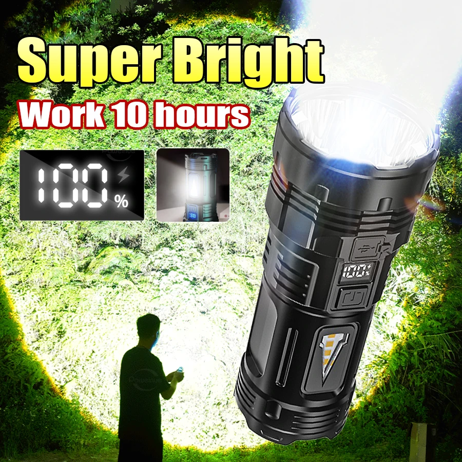 4000LM Super Bright Outdoor LED Rechargeable Flashlight Strong COB Light Built-in Battery Type-C Portable For Fishing Hiking