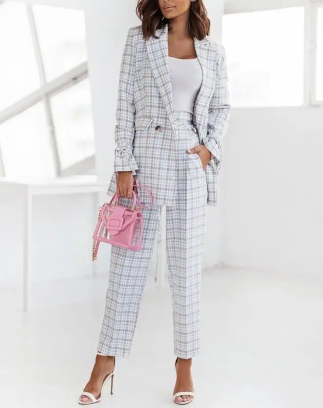 Women's fashionable plaid top with printed lace up details, long sleeved suit 2024 elegant Wuman coat top, women's clothing