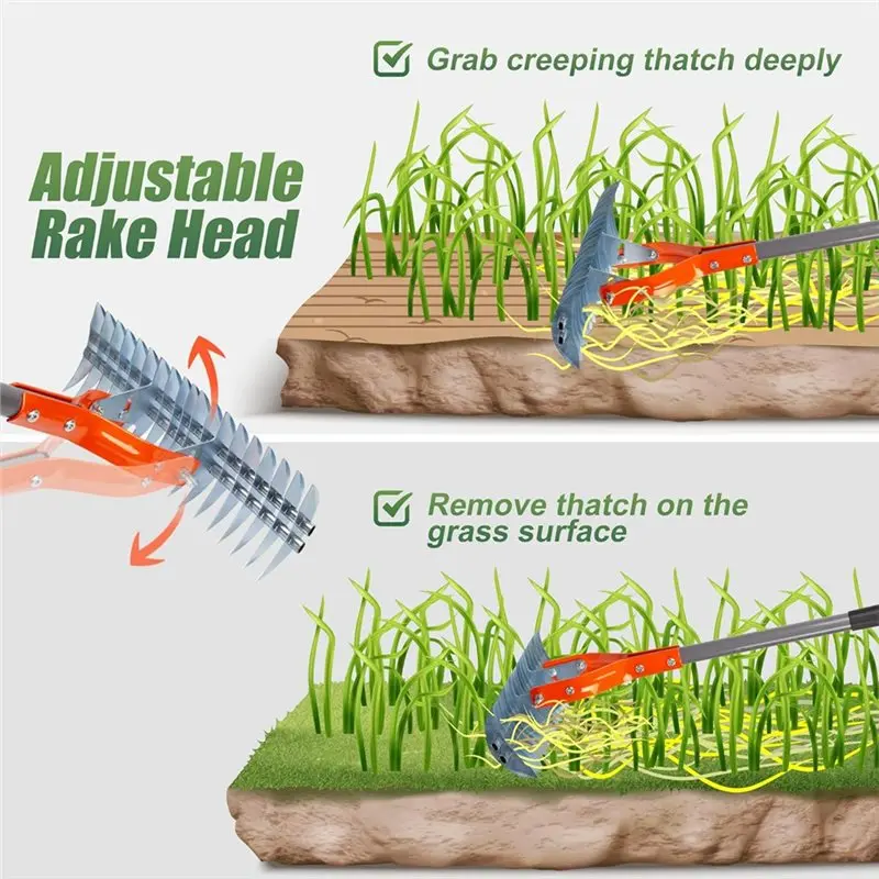 Thatch Rake, 15-Inch Lawn Thatching Tool, Robust Steel Metal Design With Handle, Versatile Grass Grooming Functionality-AT64