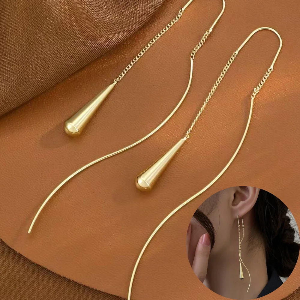 1 Pair of Trendy Stylish Golden Dangle Earrings Long Line Shape Design Match Daily Outfits Party Accessories Fashionable Stuff