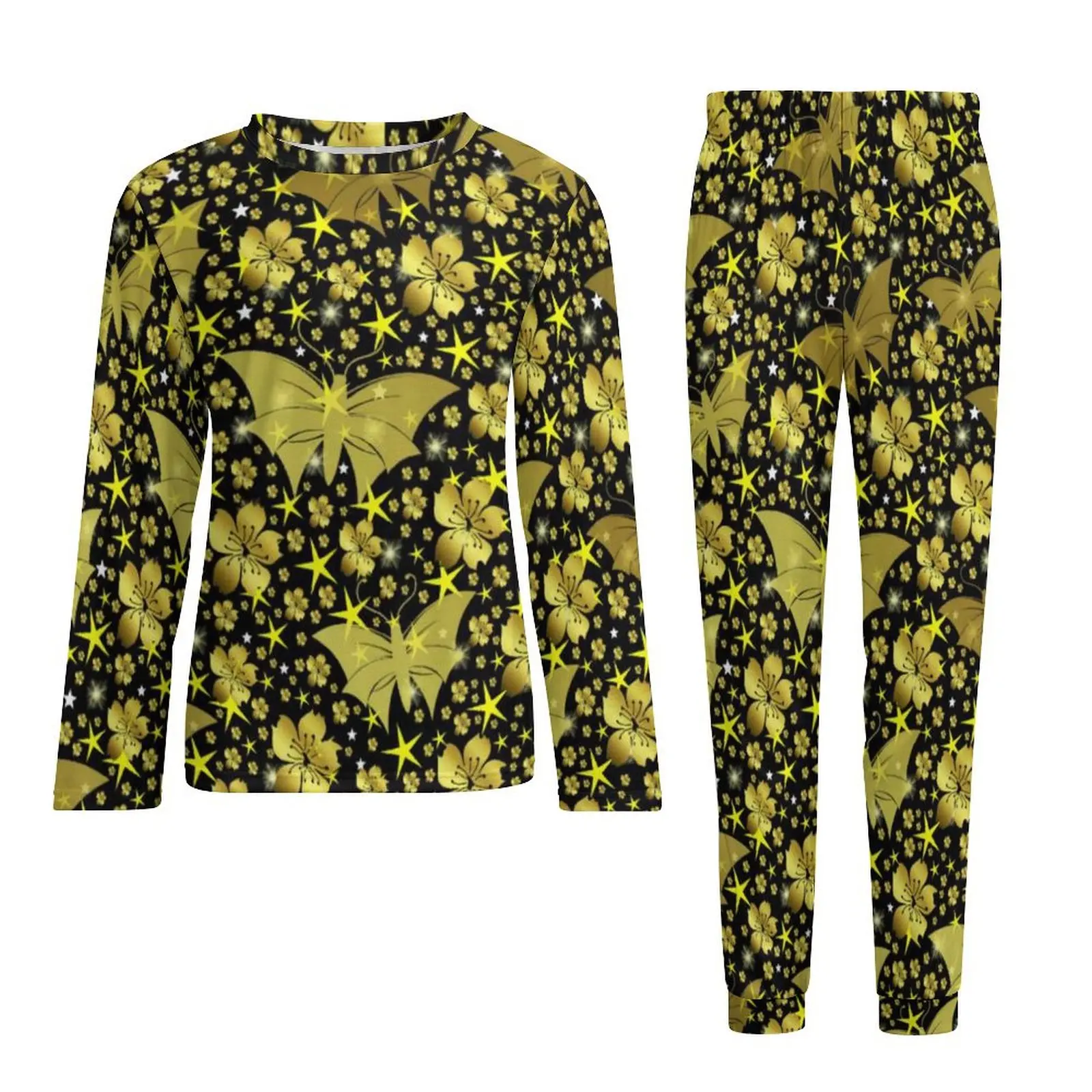 Gold Bright Metallic Pajamas Shiny Butterflies Men Long Sleeves Retro Pajamas Set 2 Pieces Room Winter Custom Home Suit Gift