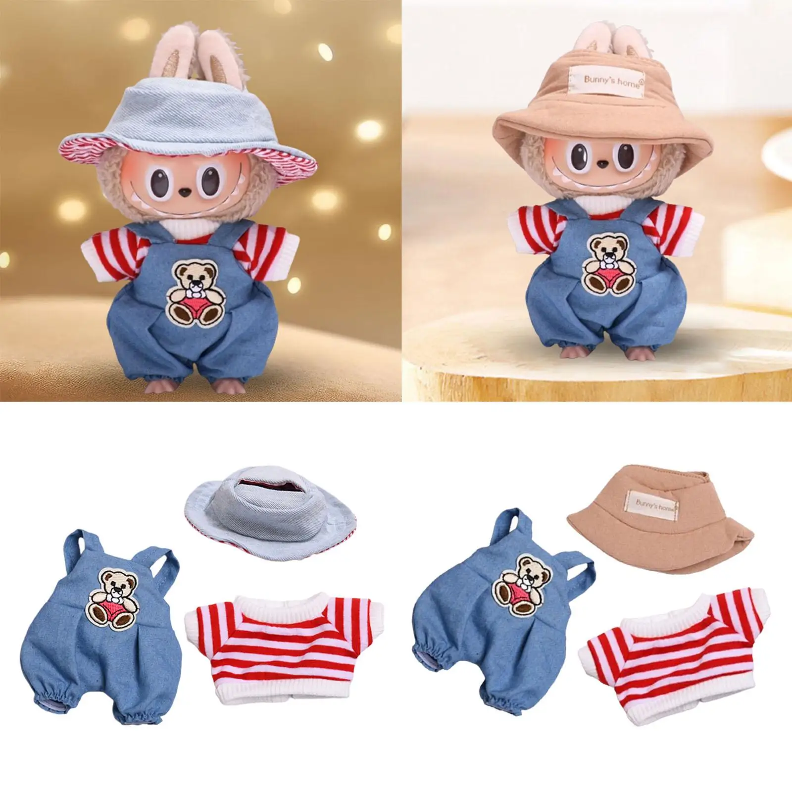 3Pcs Mini 6 inch Doll Clothes Striped Set with Hat Gift Cute Doll Clothes Suit for Dolls Pendant Doll Kids Age 5-7 8-10 Girls