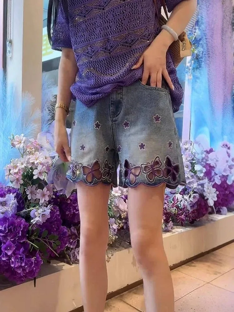 Women Summer Above Knee Length Shorts Butterfly Embroidered Denim Short Trousers Loose High Waist Hollow Out Wide Leg Shorts 4XL