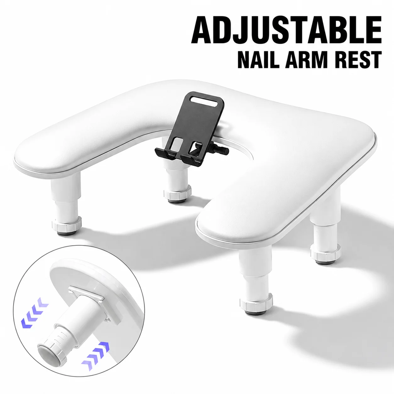Adjustable Nail Arm Rest with Phone Holder 0-25mm Height Ergonomic PU Manicure Hand Wrist Support