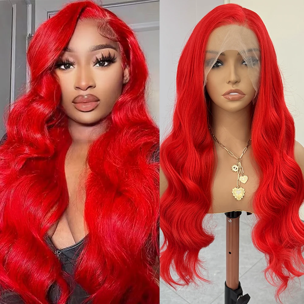 حار شعر مستعار أحمر طويل موجة عميقة الشعر الاصطناعية 13x4 الدانتيل الجبهة الباروكات للنساء الأحمر الجسم موجة شعر مستعار مقاومة للحرارة تأثيري جاهزة لارتداء #1