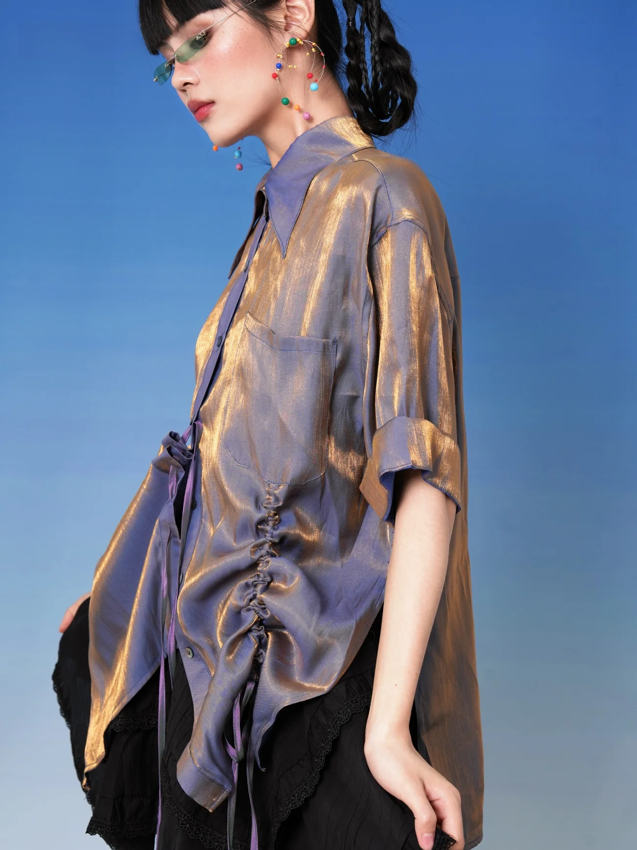 

NOPMOB Sunset Light ey Gold Sparkling Irregular ort Sve irt Unique Design Commute Sle Loose Fit UV Protection