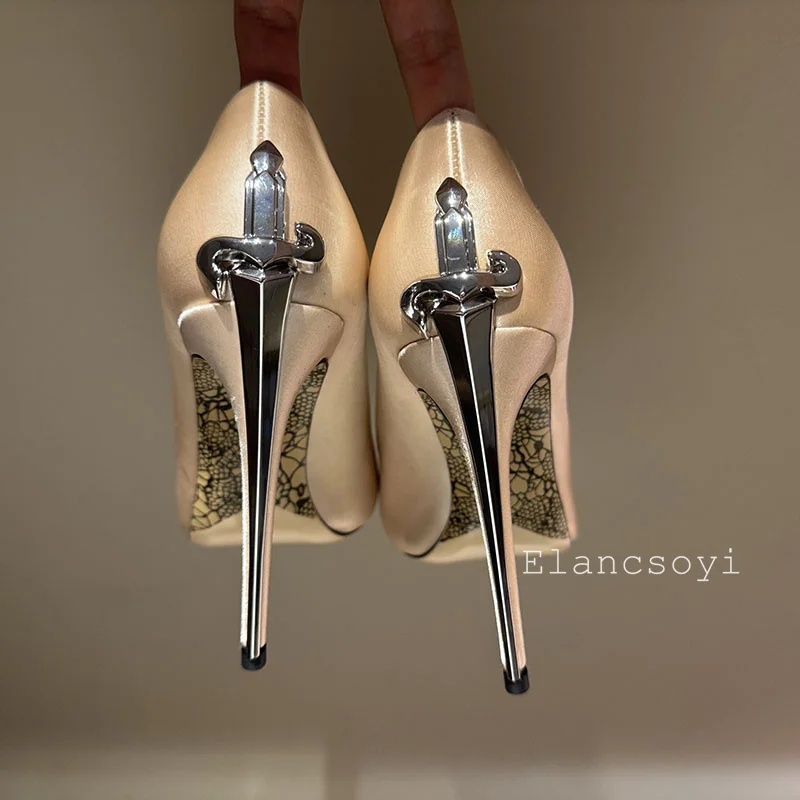 Metal Sword Pointed Toe Super High Heels Women Real Leather Pumps Shallow Mouth Single Shoes Spring Sexy Stiletto Runway Shoes view 4