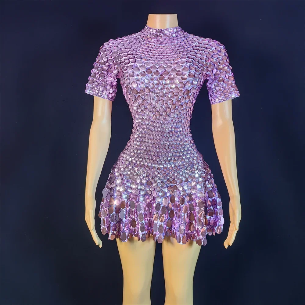 Sparkly Silver Rhinestone Mirror Elastic fabric short Dress Women Birthday Stage play Celebrate Dress Dancer Party Show Dress