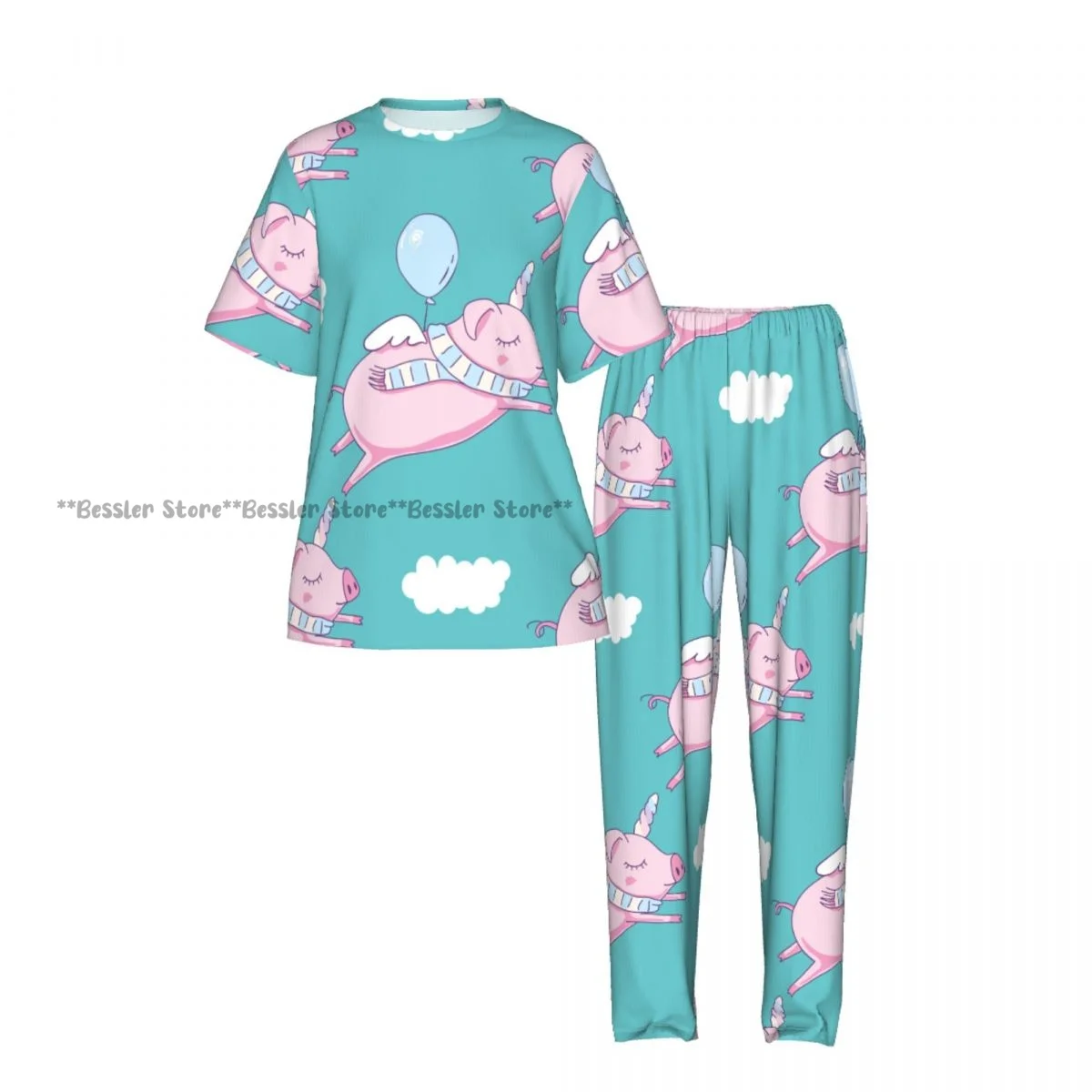 Cute Pink Pig As Pegasus And Unicorn With Clouds Pattern Pajamas Set Short-sleeved Women Home Clothing
