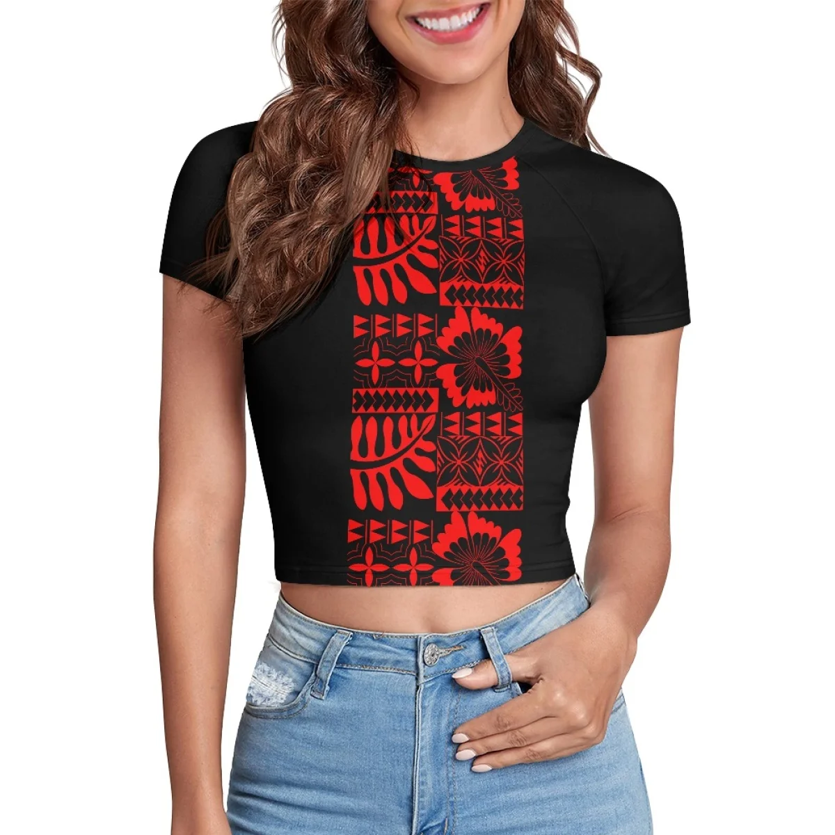 Camiseta Corta de Verano con Estampado Polinesio Samoano Tapa en Negro y Rojo, Estilo Urbano para Chicas, Top Sexy Personalizado para Mujer, Camiseta Deportiva