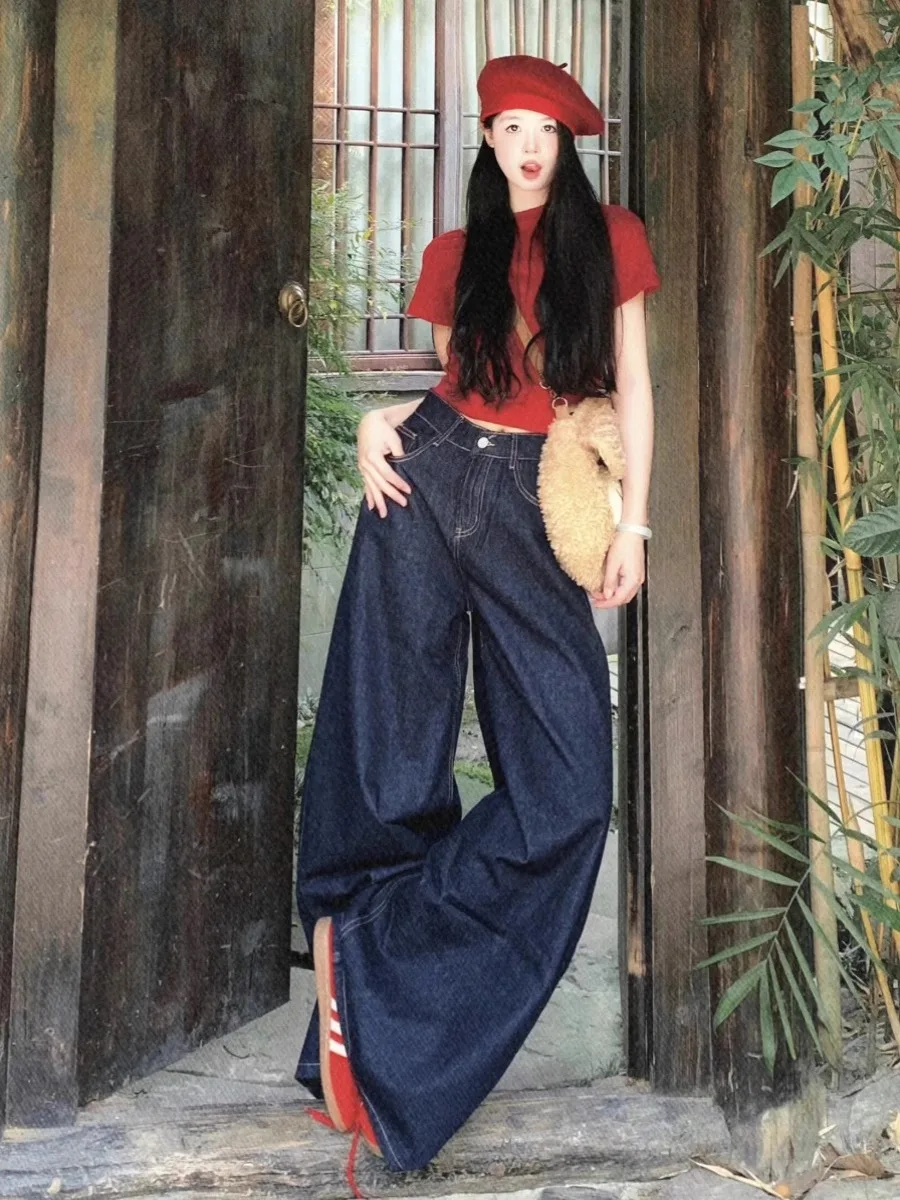 Jeans a gamba larga lunghi fino al pavimento a vita alta blu intenso Donna Autunno Inverno Nuovo Sle Retro Hong Kong Sle Vestibilità ampia Sensazione premium