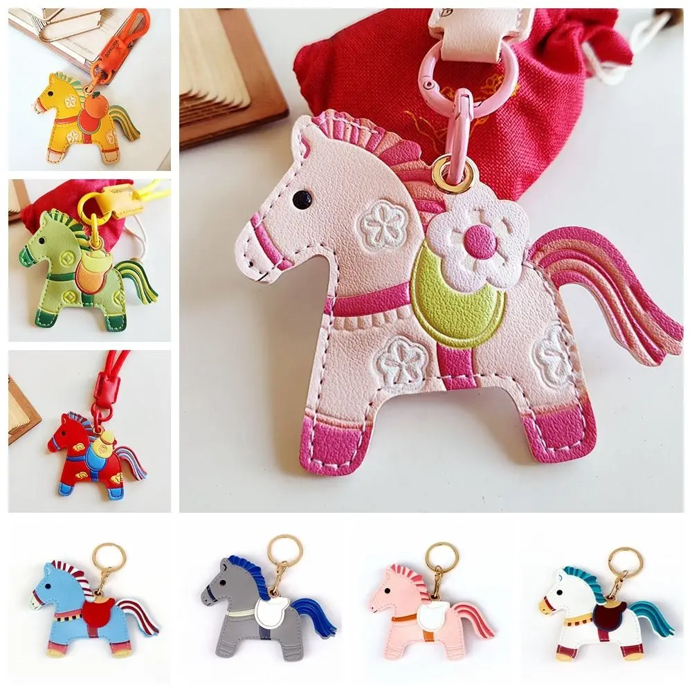 Cartoon Horse Keychain Leather Access Control Card Holder Zodiac Pony Bag Hanging Year of Horse Chinese Zodiac