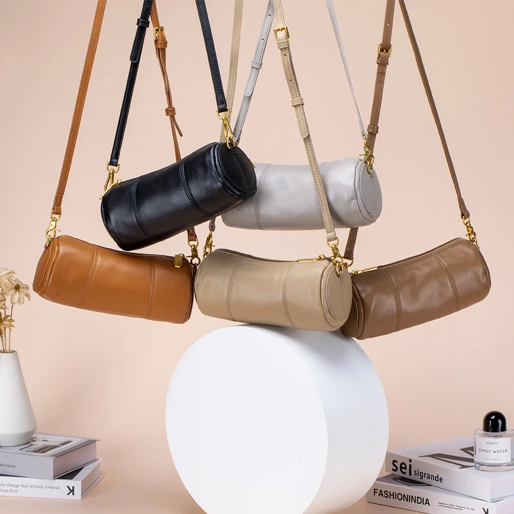 

Women Genuine Leather Shoulder Cylindrical Bag Luxury Cowhide Crossbody Bag Large Capacity Lipstick Key Phone Pouch Case For Fem