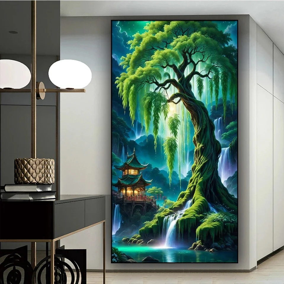 Tree of Life Waterfall Large 5D DIY Diamond Painting Full Square Round Diamond Mosaic Green Tree Temple Landscape Rhinestone