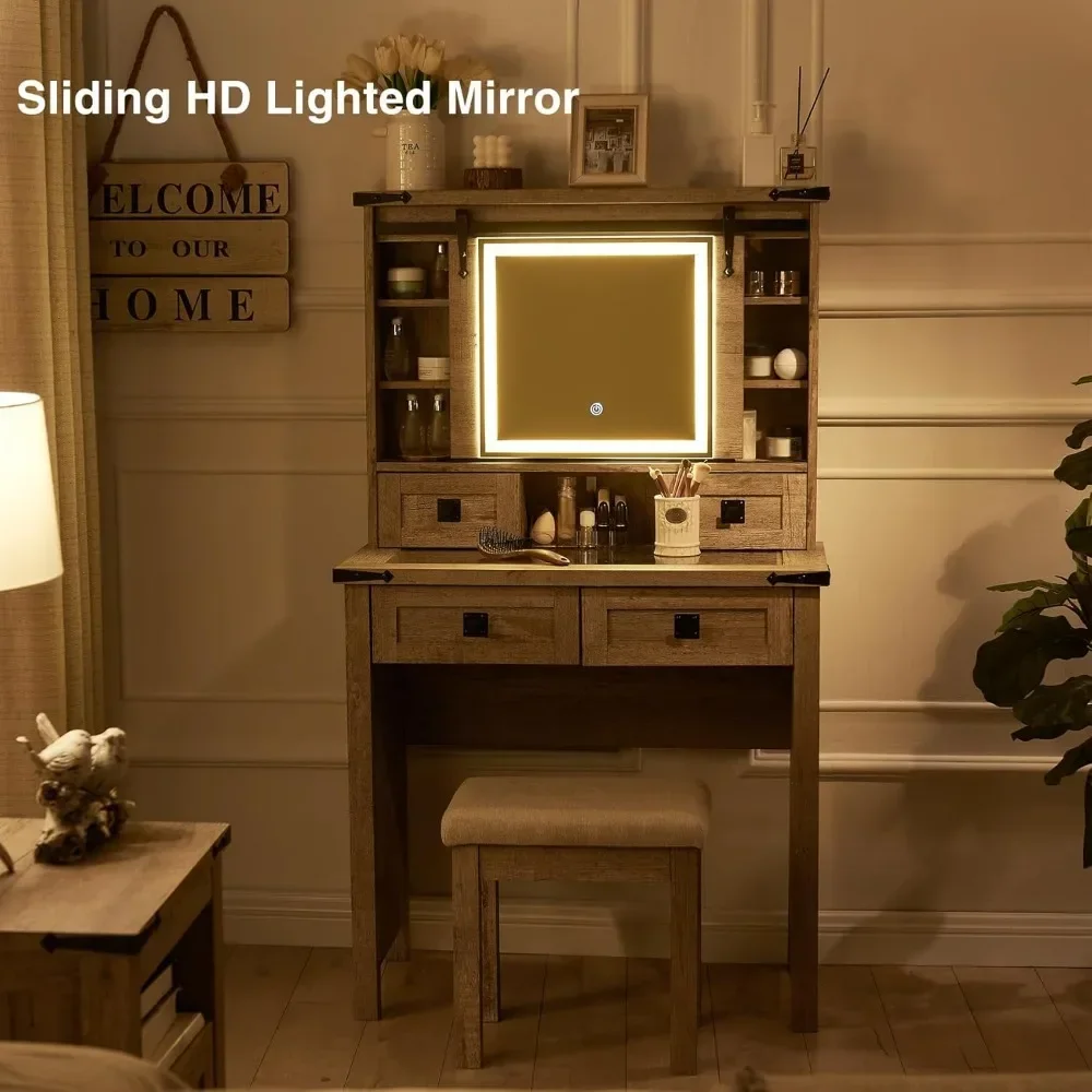 

Sliding HD Mirror and Lights, Big Modern Lighted Vanity Table with 7 Drawers & Shelves, Rustic Large Dressing Table for Bedroom