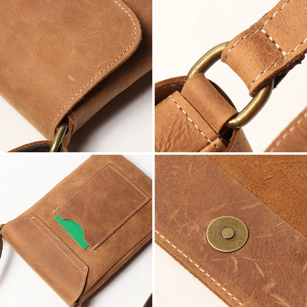 Women's Vintage Crazy Horse Leather Shoulder Bag, Cowhide Phone Sling, Messenger Bag, Adj Strap, Travel (Brown/Black/Dark Brown) view 6