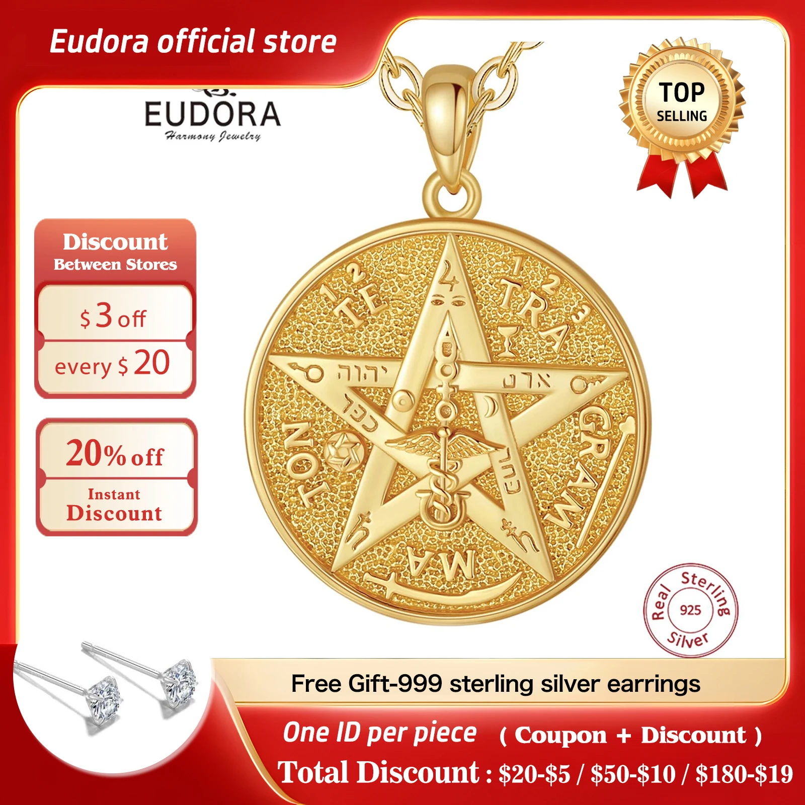 Eudora 925 Sterling Silver Pentagram Runes Necklaces for Women Man 18K Gold Amulet Guardian Star Tetragrammaton Pendant Gift