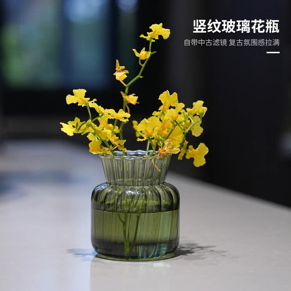 Nordic Checkered Green Glass Vase. Fashionable and Retro Decorative Item. Hydroponic Flower Vase for TV Cabinet.