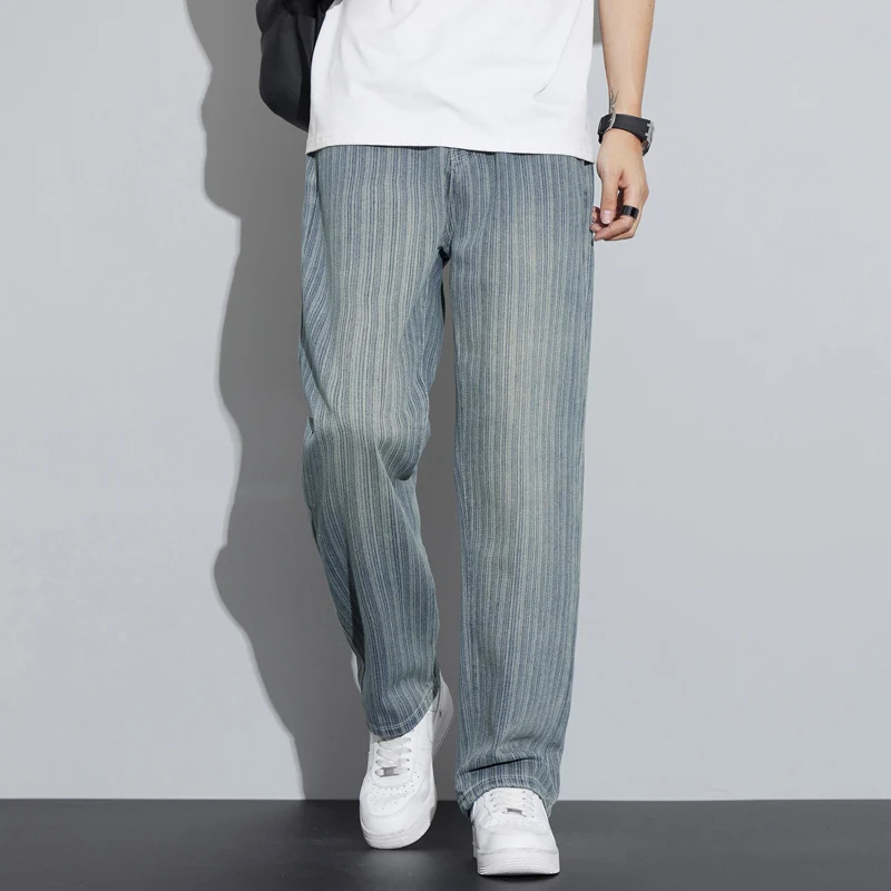 الرجعية MenLoose صالح مستقيم الساق الجينز السراويل الربيع/Summe خمر الشارع الشهير نمط متعدد الوظائف عادية مخطط سراويل جينز