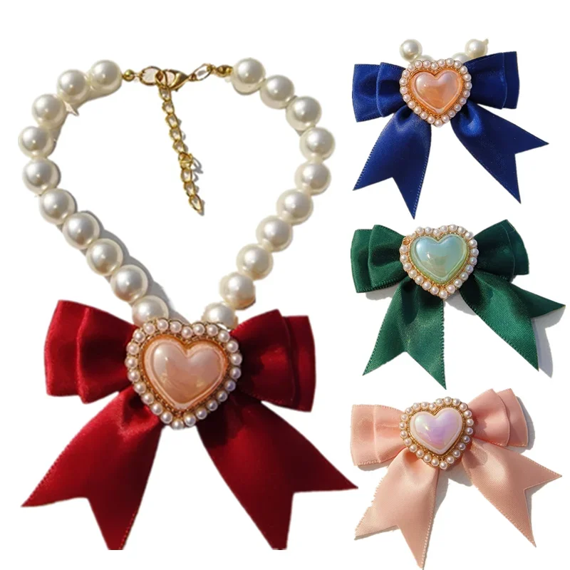 

Adjustable Pet Pearl Necklace Heart Cat Dog Collar Love Bow Pendant Pet Supplies Bling Gem Collar Kitten Collars Cat Necklace