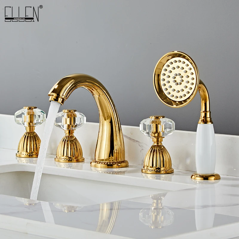 

ELLEN Bathtub Faucets Mixer for Bath Tub Gold 5 Hole Hot Cold Crystal Water Crane with Hand Shower EL7511