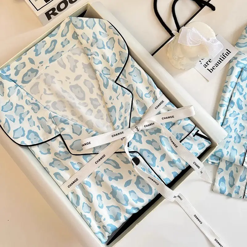 Silk Pajamas for Women Long-sleeved Spring and Autumn Sleepwear Fashion Pajamas Women's High-end Loungewear Suit Leopard Print