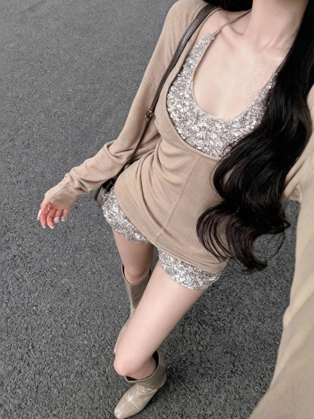 

Retro Gentle Sle Tee-Piece Set Strapl orts Outfit Sexy Girl Casual Spring Faion V-Ne Long Sve T-irt High Wa...