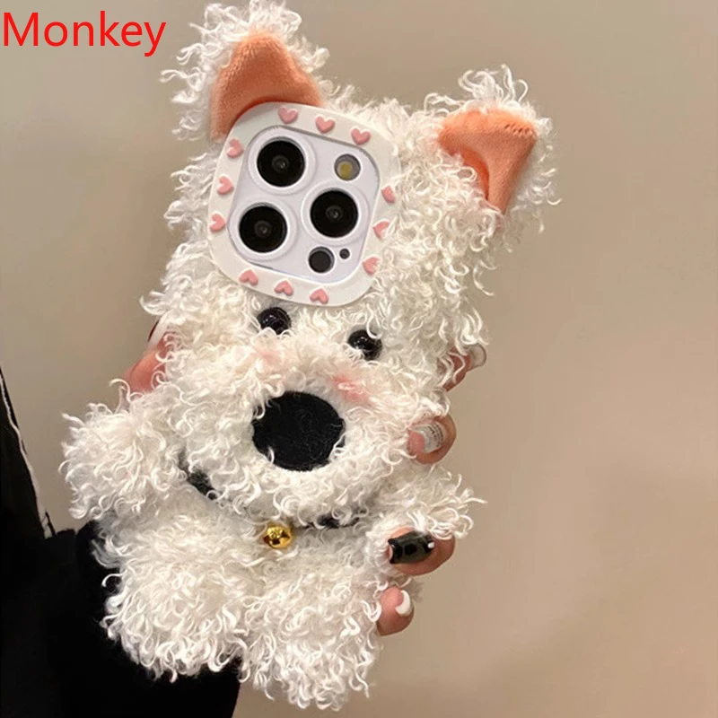 3D Cute West Highland Dog Fluffy Plush Phone Case For iPhone 16 Plus 15 Pro Max 14 13 12 11 Warm Winter Soft Silicone Back Cover