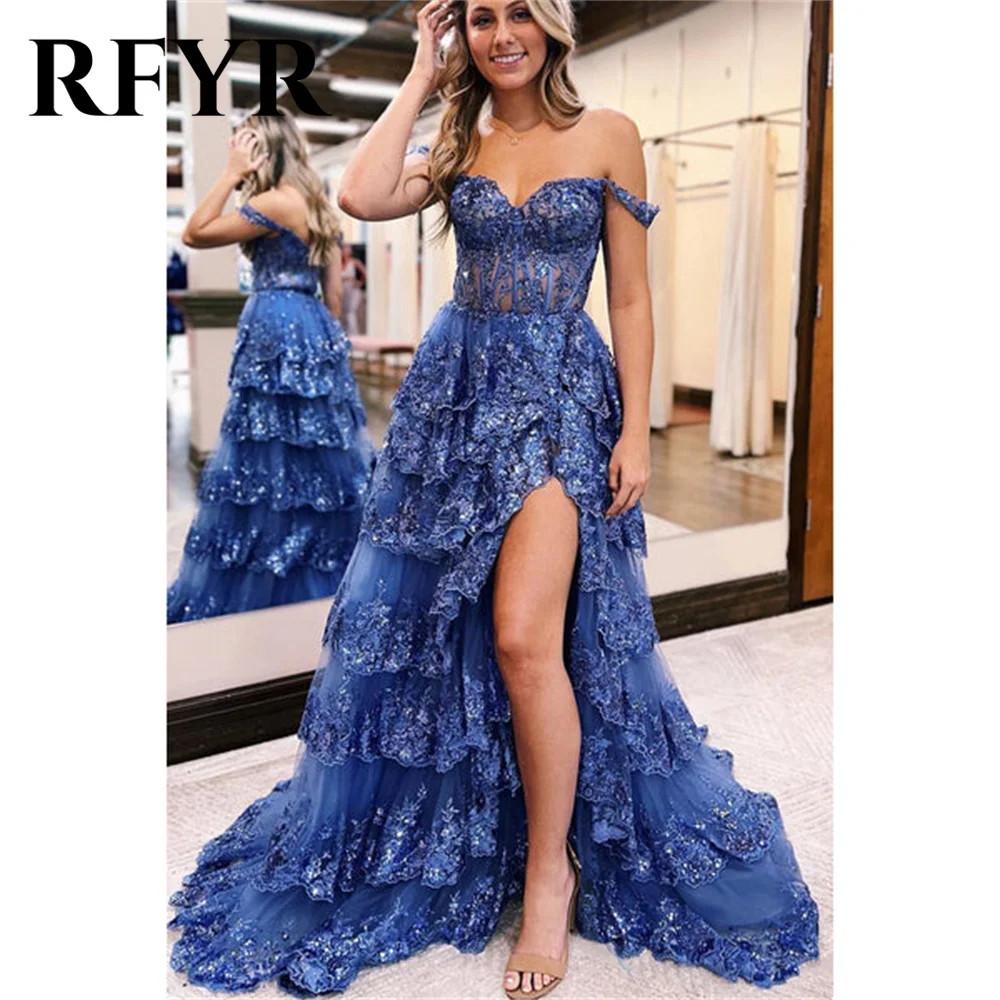 RFYR Off Shoulder Blue Formal Dress Shining Party Dress For Wedding Tiered Layer Special Occasion Dress with Slit Customized