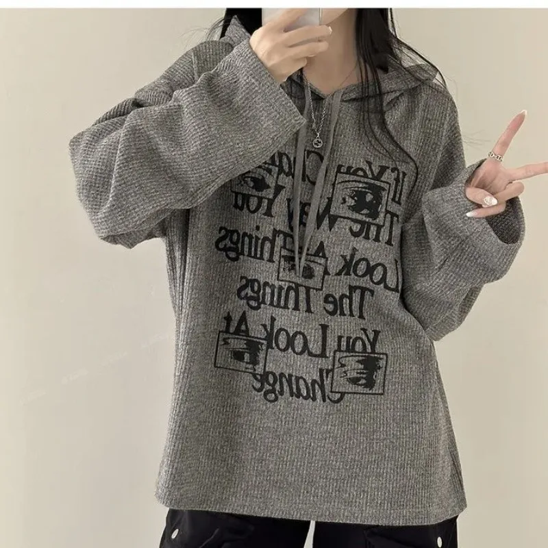 Sudaderas con capucha informales con estampado de letras para mujer, Tops sencillos y holgados de manga larga, sudadera de calle estética Y2k, Otoño e Invierno